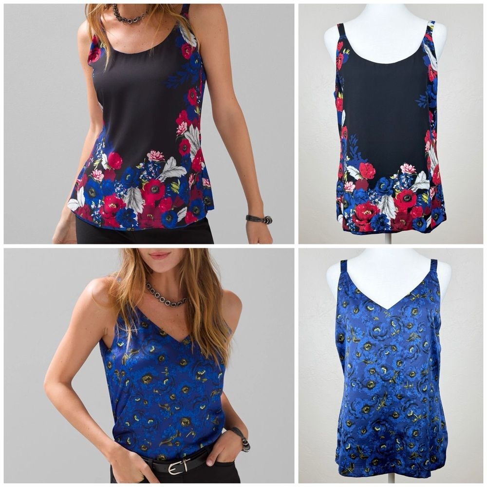 White House Black Market Reversible Floral Cami Tank Shell in Black / Blue M